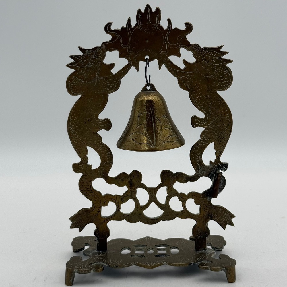 Vintage Brass Dragon Desk Bell Ornate Etched Chinoiserie Decor 8.5 Inch